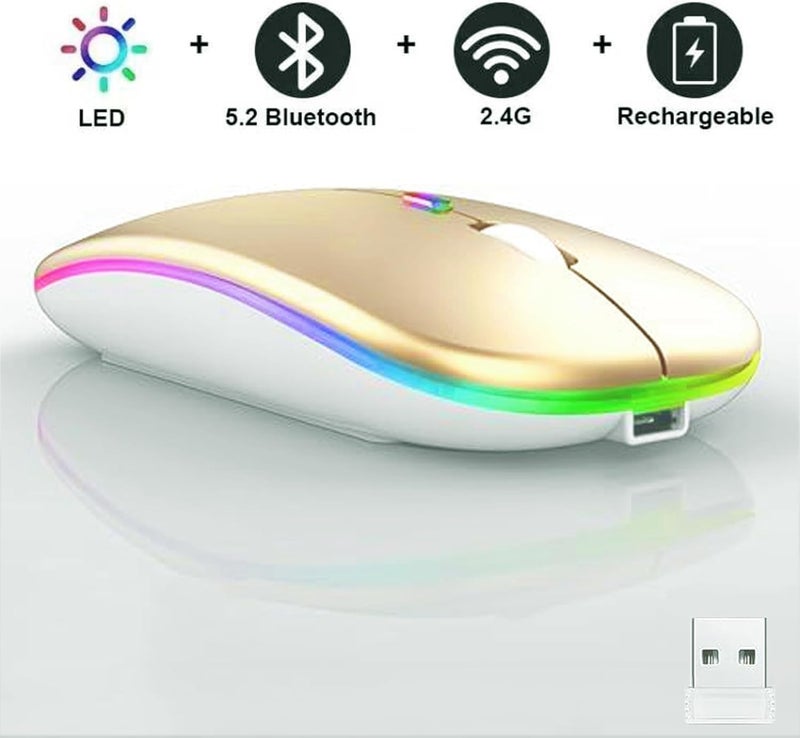 Guiheng Wireless Bluetooth Mouse,LED Dual Mode Rechargeable Silent Slim Laptop Mouse,Portable(BT5.2+USB Receiver) Dual Mode Computer Mice,for Laptop,Desktop Computer,ipad Tablet,Phone,TV (Gold) - Image 3